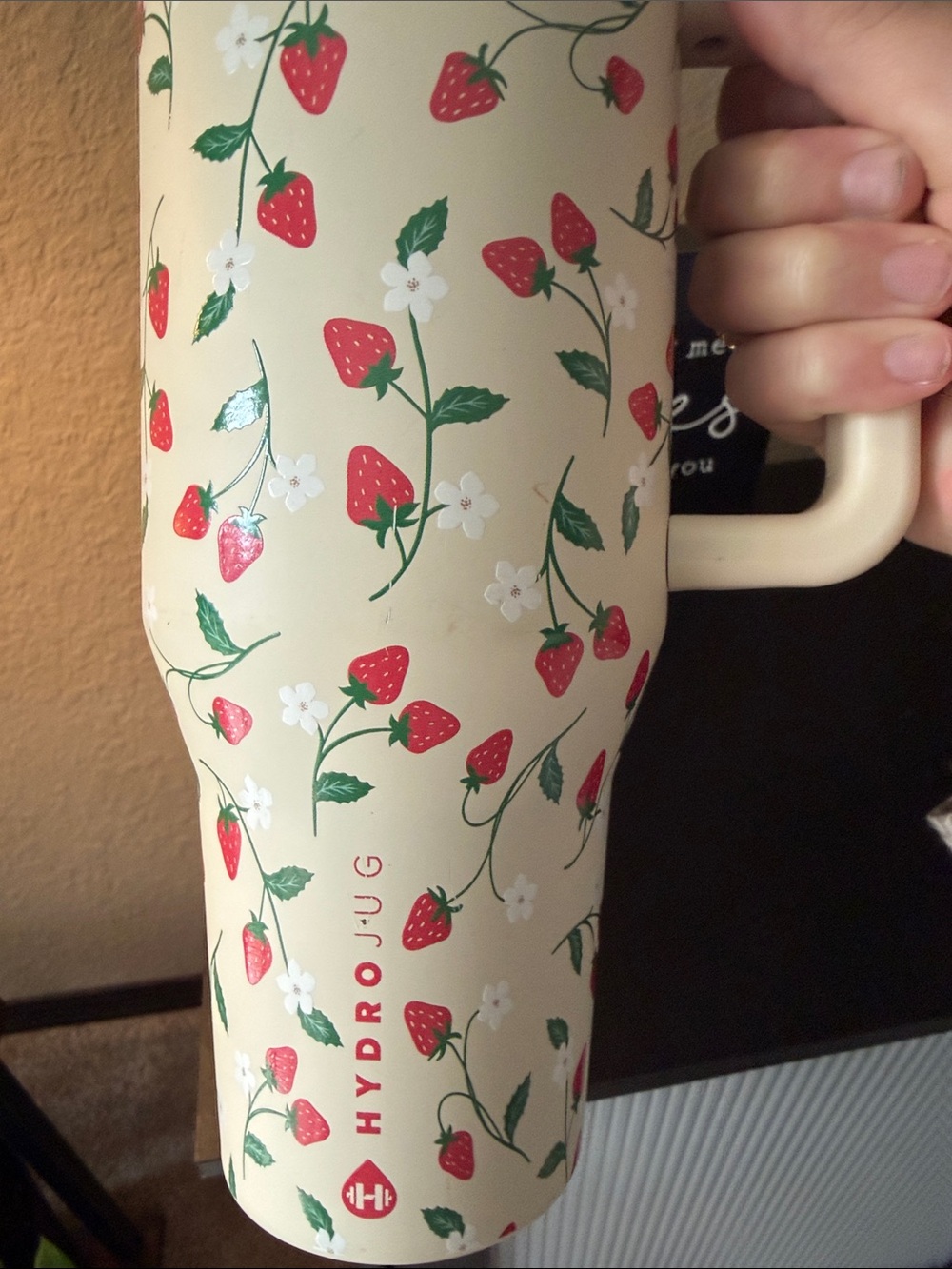 HydroJug Cream Tumbler with Red Strawberry Print - Picture 4 of 8